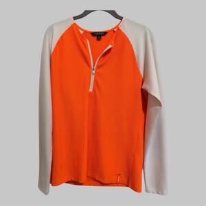 Lauren Ralph Lauren Womens Half Zip Orange Mesh Athleisure Preppy Top Size L